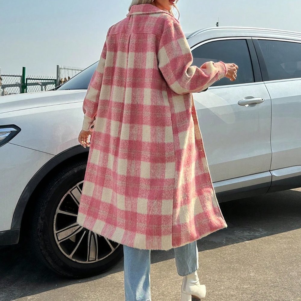Multicolor Casual Womens Plaid Print Flap Pocket Overcoat - Picture 2 of 5